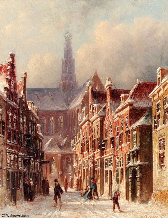 Petrus Gerardus A Snowy Street With The St Bavo Beyond Haarlem — Pieter Gerard Vertin