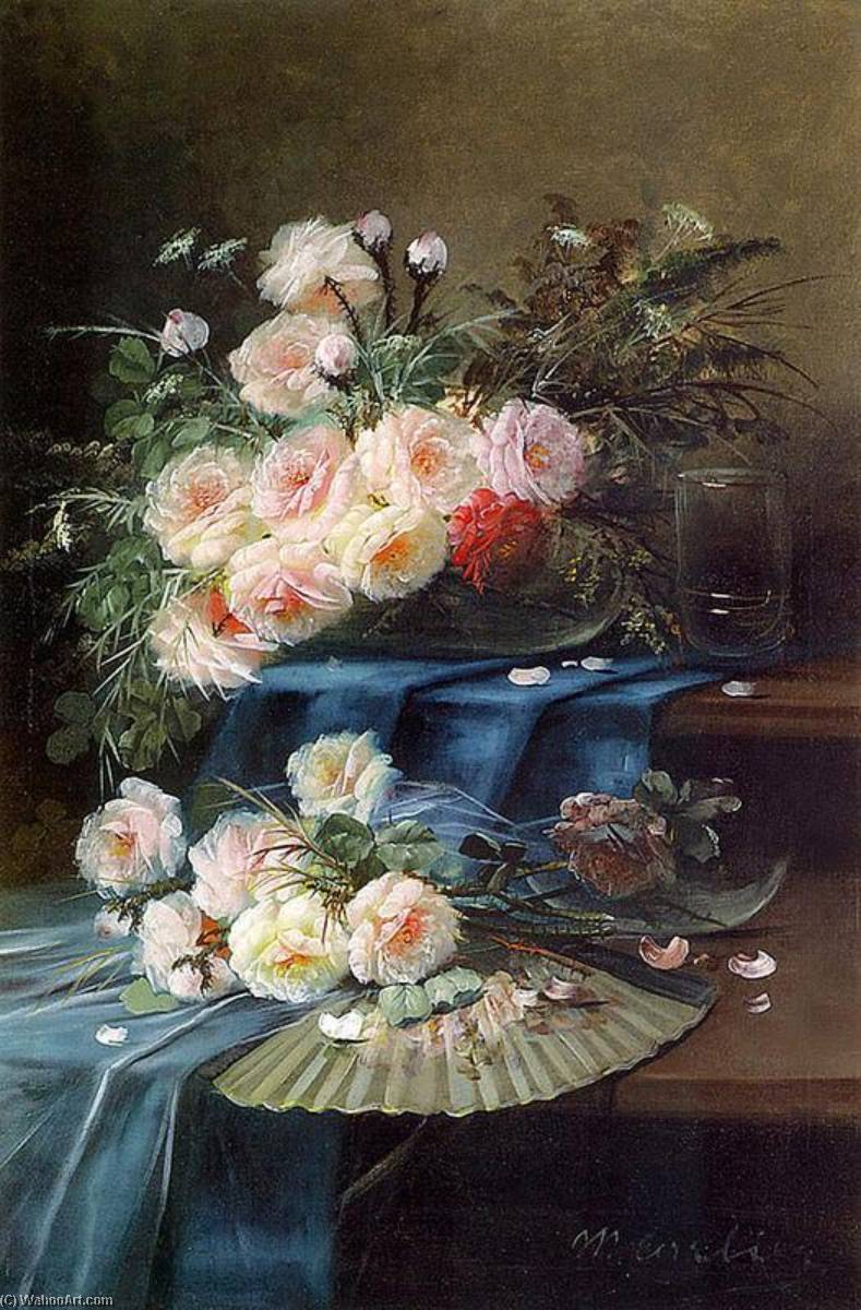 Flowers, Fan And A Glass On A Draped Table — Max Carlier