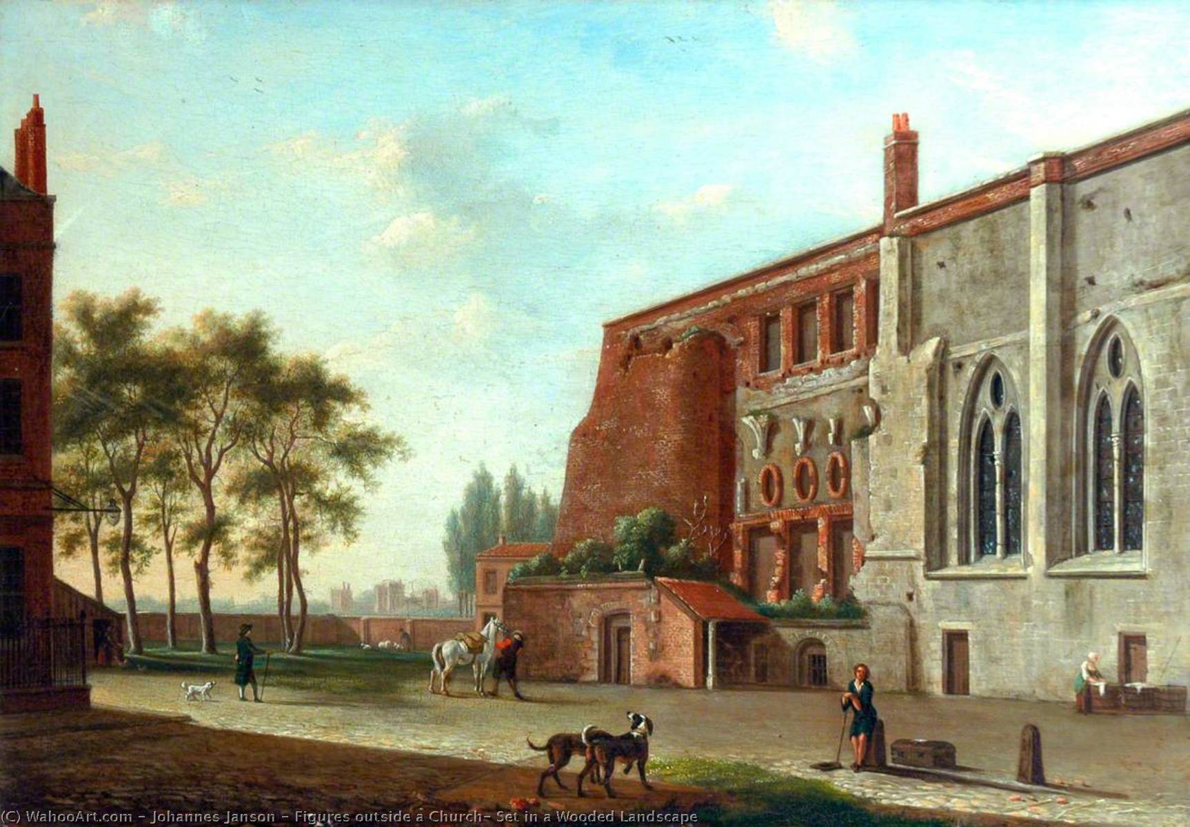 Figures Outside A Church, Set In A Wooded Landscape — Johannes Janson