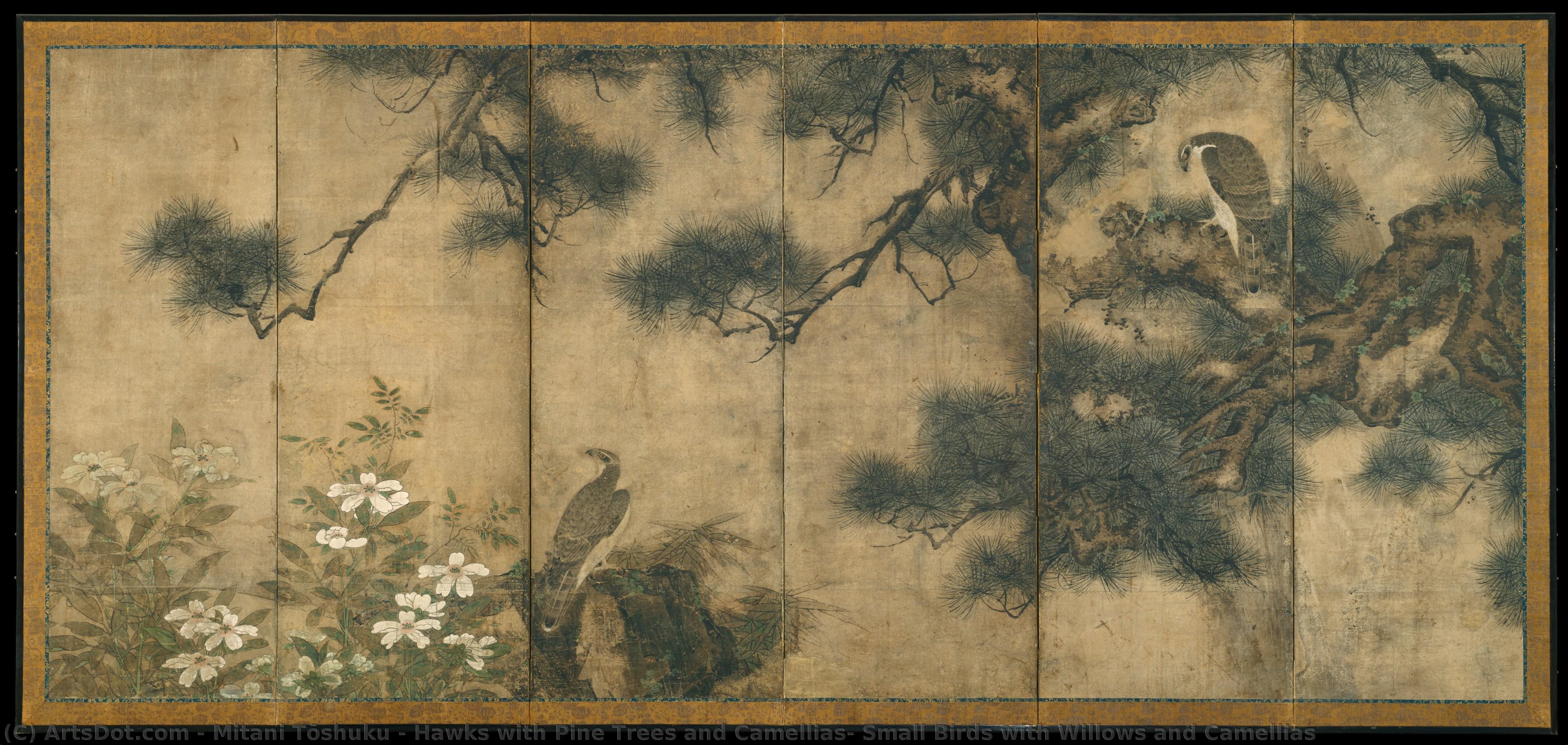 Hawks With Pine Trees And Camellias; Small Birds With Willows And Camellias — Mitani Toshuku