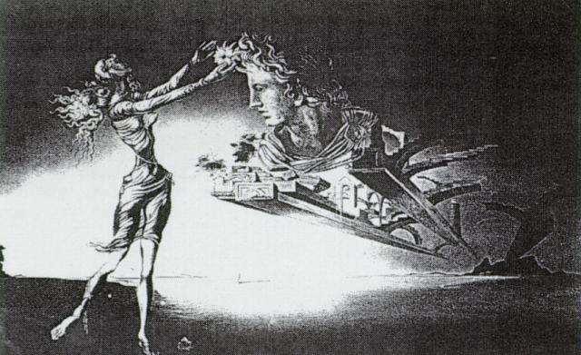 Desert Trilogy - Apparition Of A Woman And Suspended Architecture In The Desert - For 'desert Flower' Perfume, 1946 — Salvador Dalí