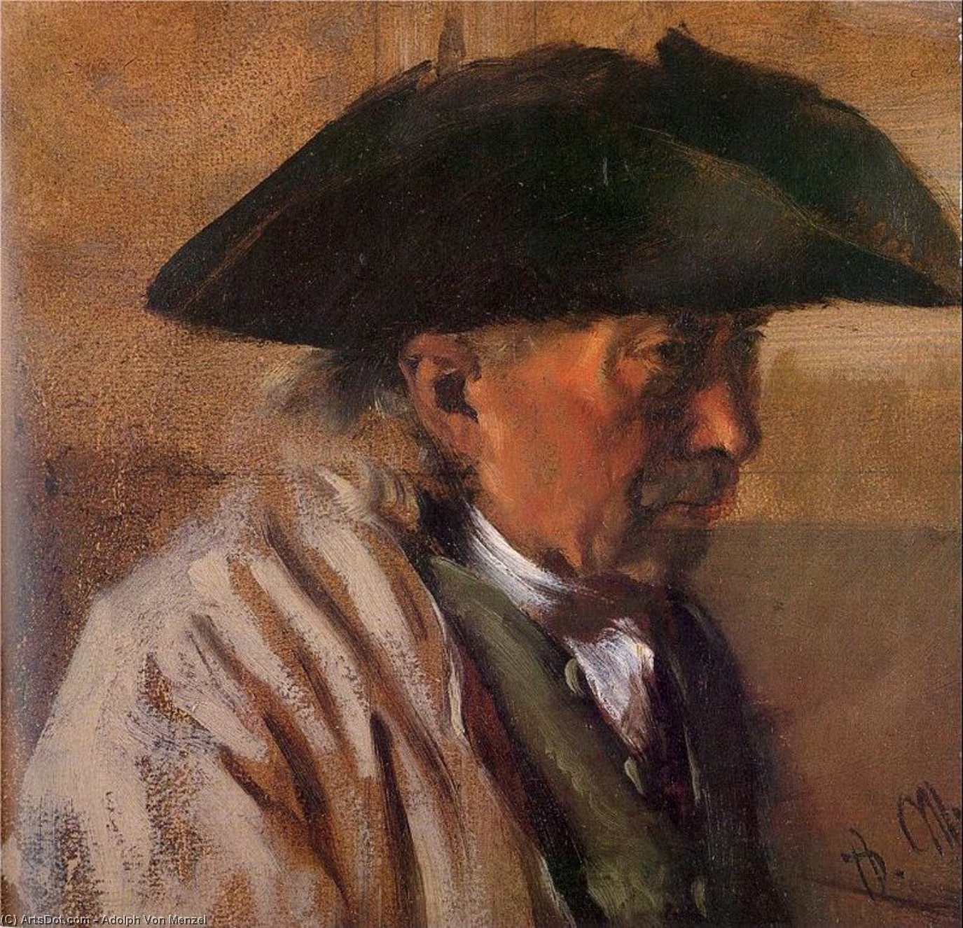 Head Of A Peasant With Three-cornered Hat — Adolph Von Menzel