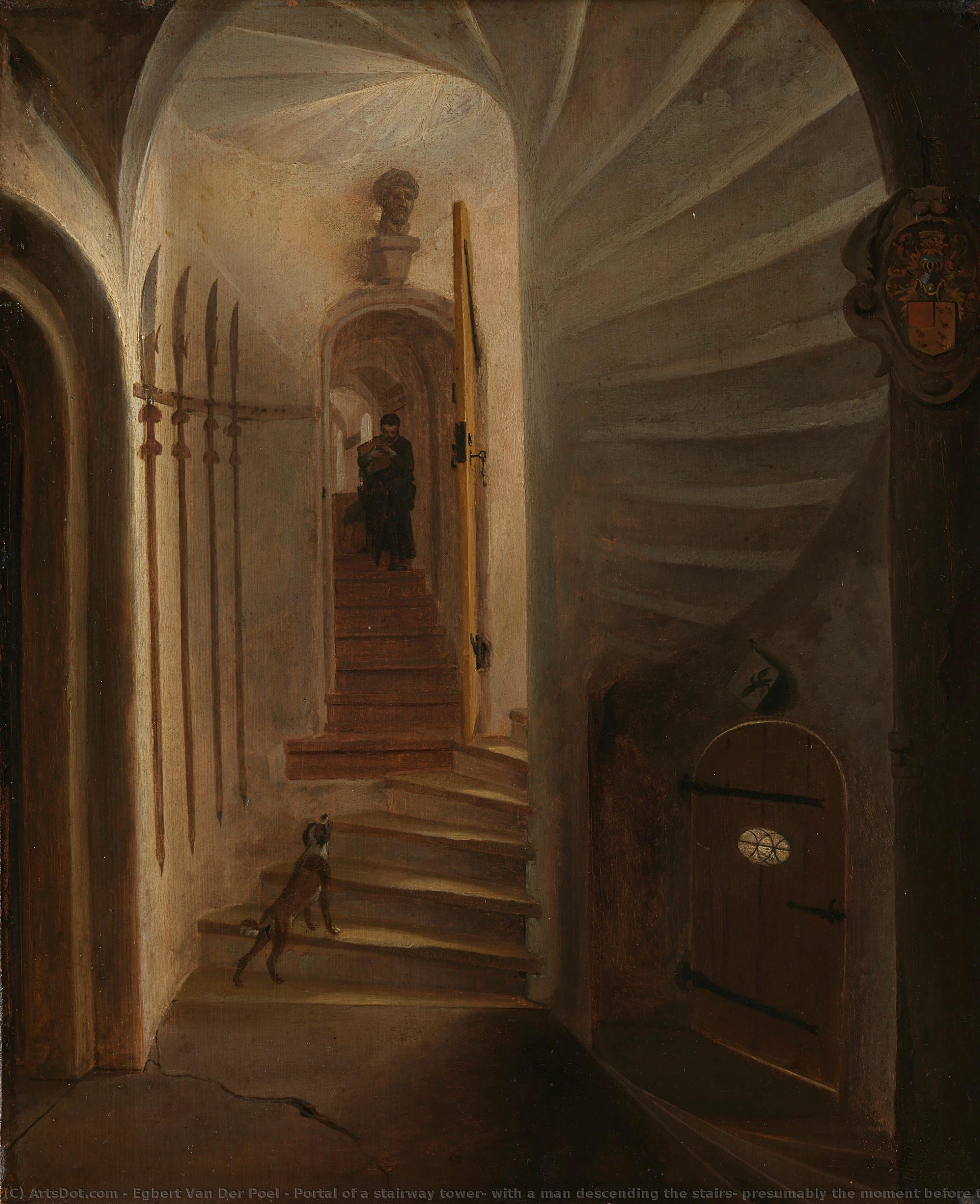 Portal Of A Stairway Tower, With A Man Descending The Stairs: Presumably The Moment Before The Assassination Of William The Silent In The Ptinsenhof, Delft, Egbert Lievensz. Van Der Poel (attributed To), 1640 - 1664 — Egbert Van Der Poel