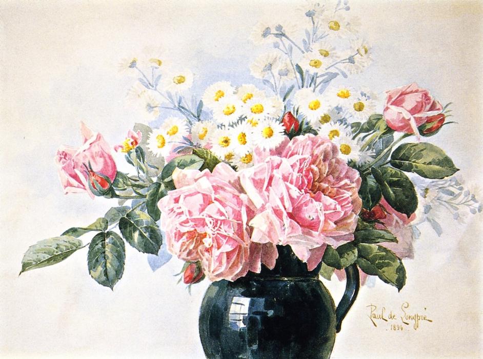 Pink Roses And Field Flowers — Raoul De Longpre