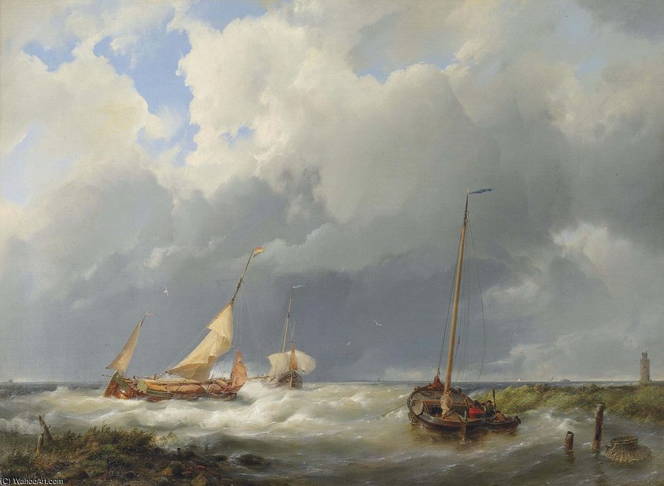 Coastal Scene With Fishing Vessels — Hermanus Junior Koekkoek