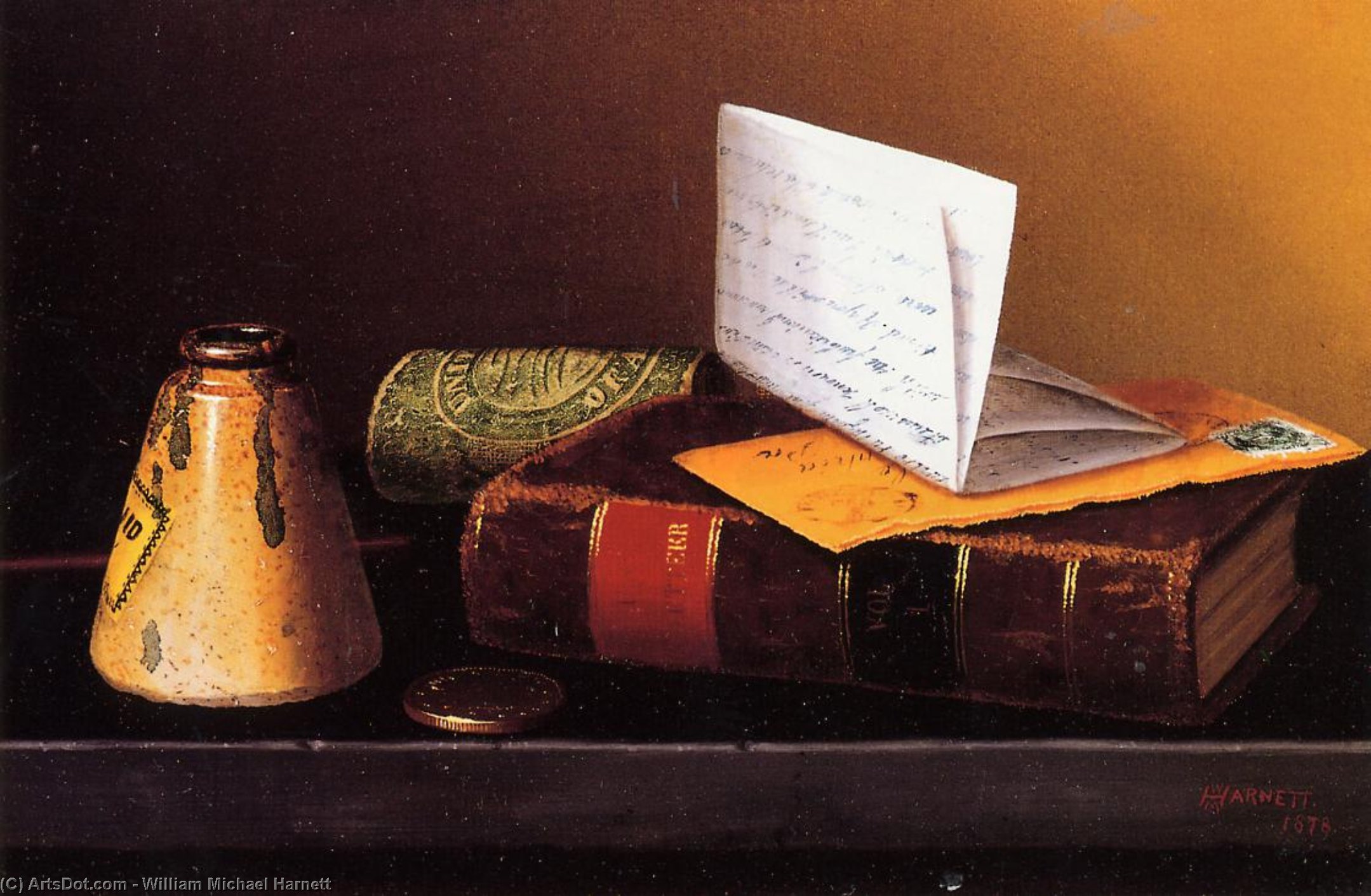 Still Life With Ink Bottle, Book And Letter (also Known As Still Life With Universal Gazetteer) — William Michael Harnett