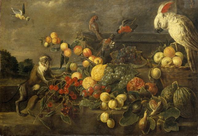 Nature Morte Aux Fruits Avec Singe Et Perroquet — Adriaen Van Utrecht
