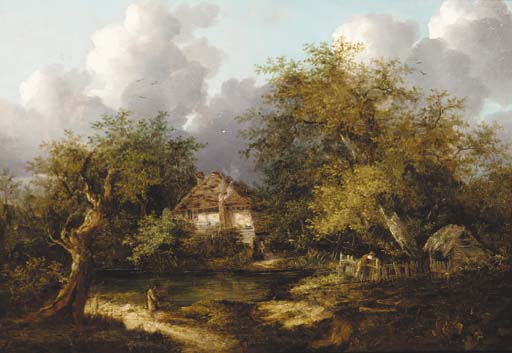 Figures On The Bank Of A River With A Cottage Beyond — Edward Charles Williams