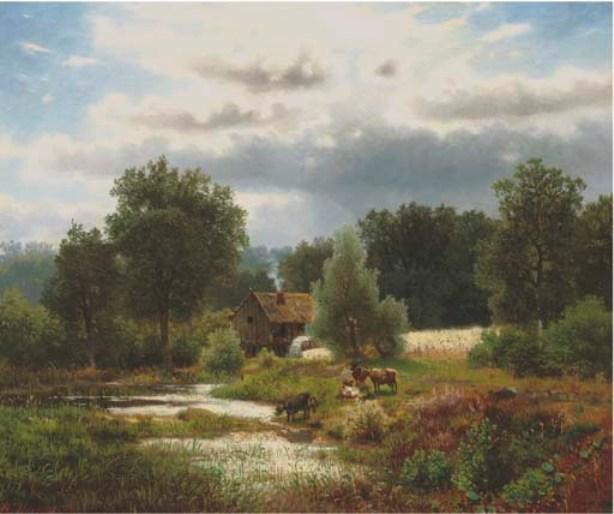 Cattle By A Watermill — Herman Herzog