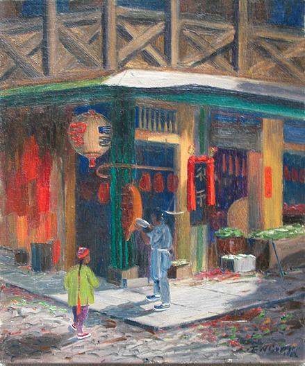 San Francisco Chinatown Street Corner, (painting) — Edward Wilson Currier