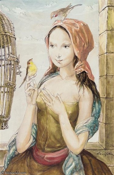 Jeune Fille À La Cage Aux Oiseaux — Léonard Tsuguharu Foujita