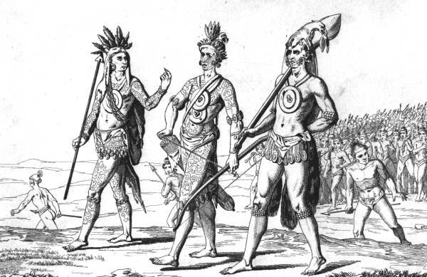 Timucua Warriors With Weapons And Tattoo Regalia — Jacques (de Morgues) Le Moyne
