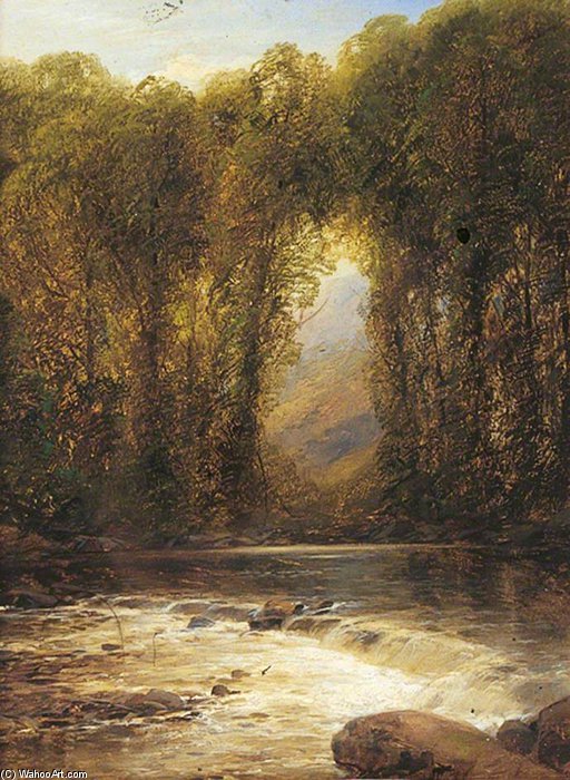 River Landscape With Trees And Mountains Beyond — William Mellor