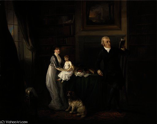 Portrait Of A Family, Seated Full-length In A Library With Their Dog — Ramsay Richard Reinagle