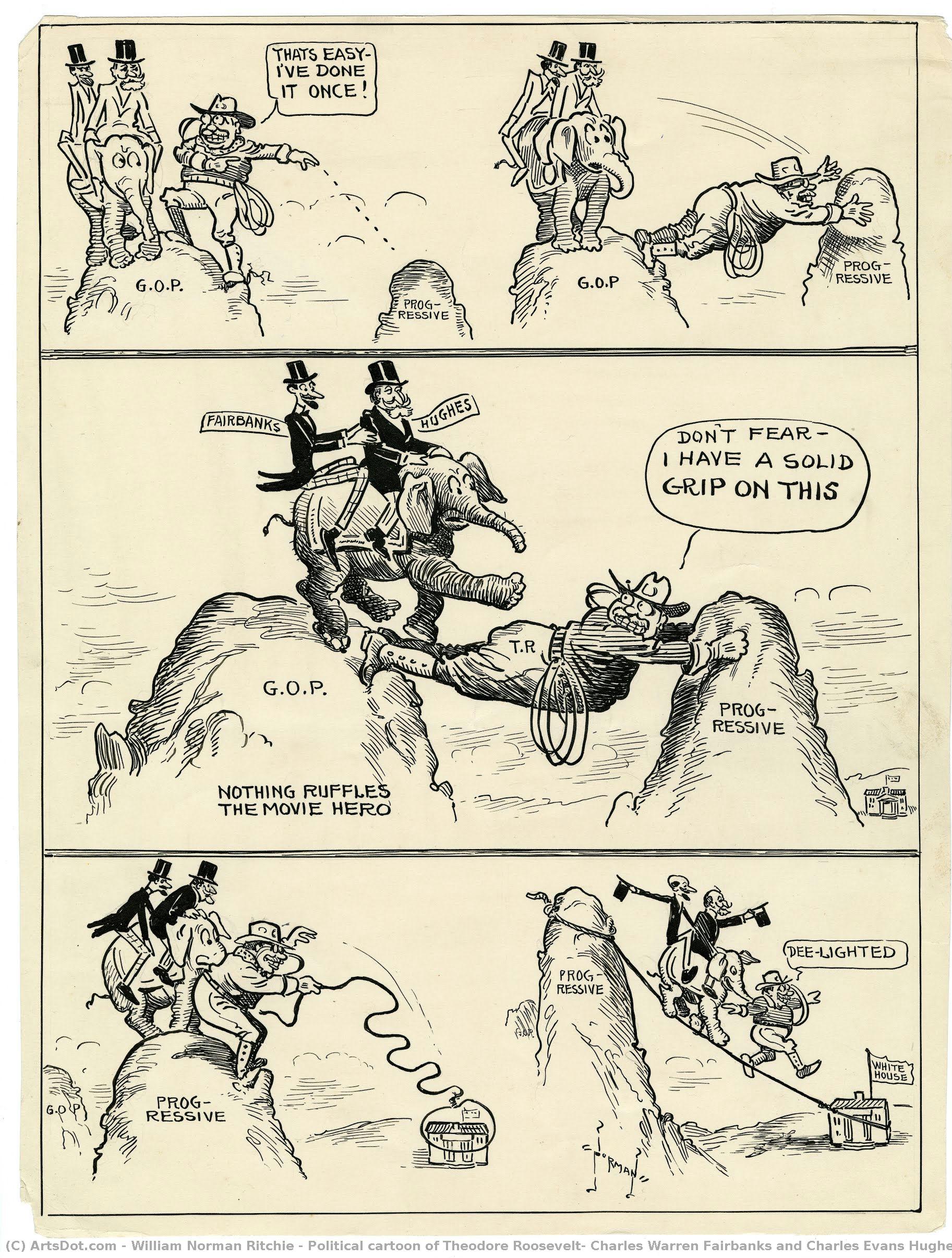 Political Cartoon Of Theodore Roosevelt, Charles Warren Fairbanks And Charles Evans Hughes Traveling To The White House — William Norman Ritchie