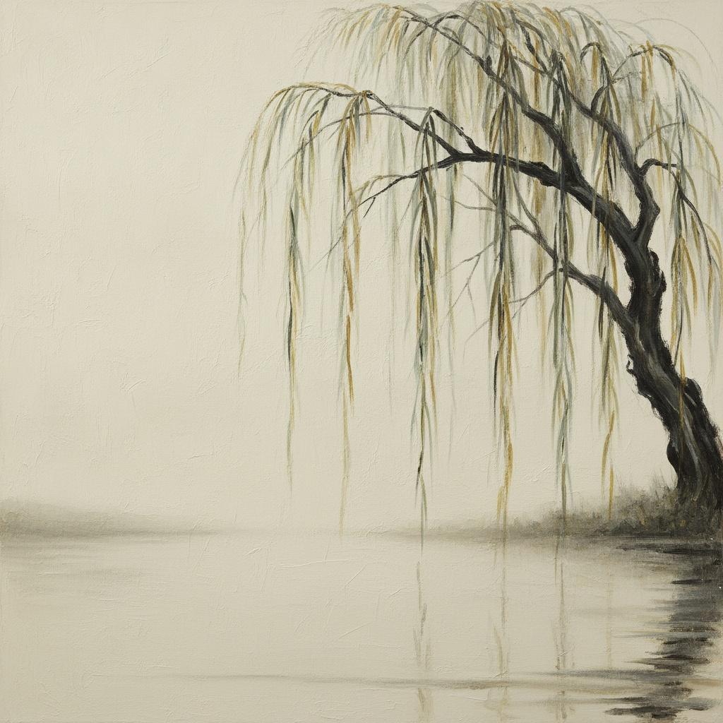 Charcoal Willow Tendrils Drifting Through Ochre Mist — Laurent Roche