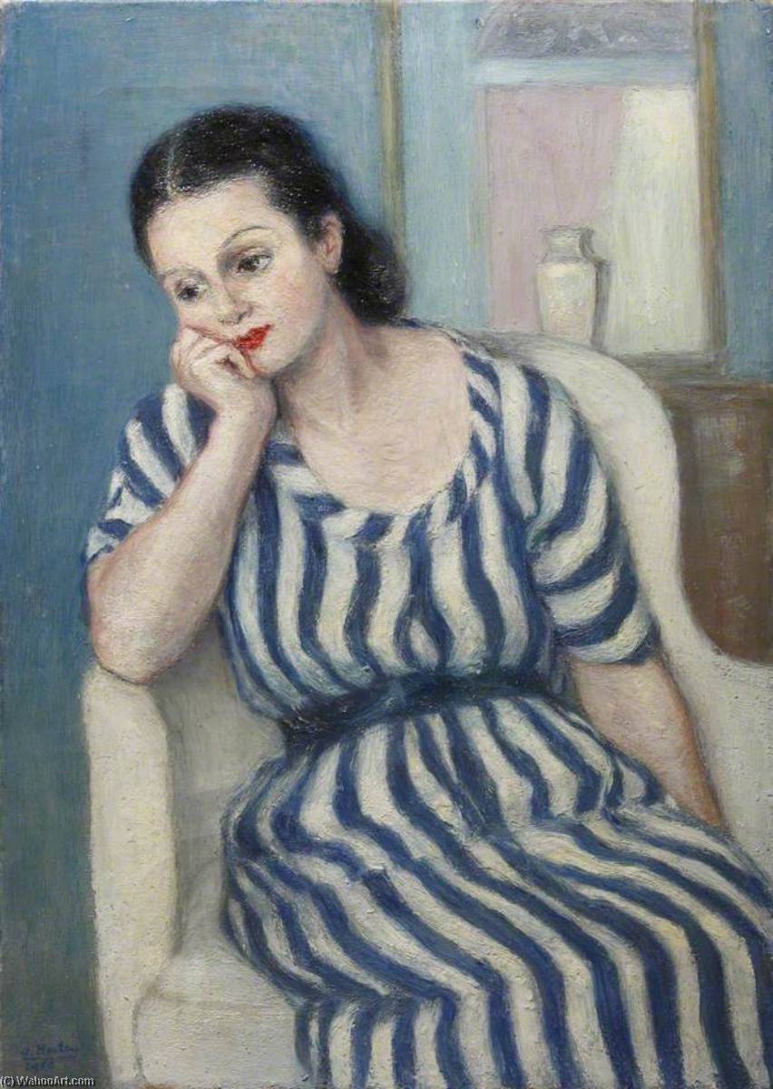Seated Lady In A Blue And White Striped Dress — Georges Van Houten