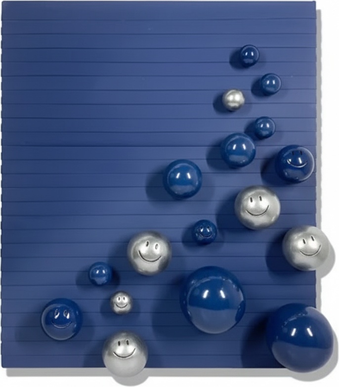 Smiling Faces Sphere Wall Sculpture - Modern Blue Ceramic Art