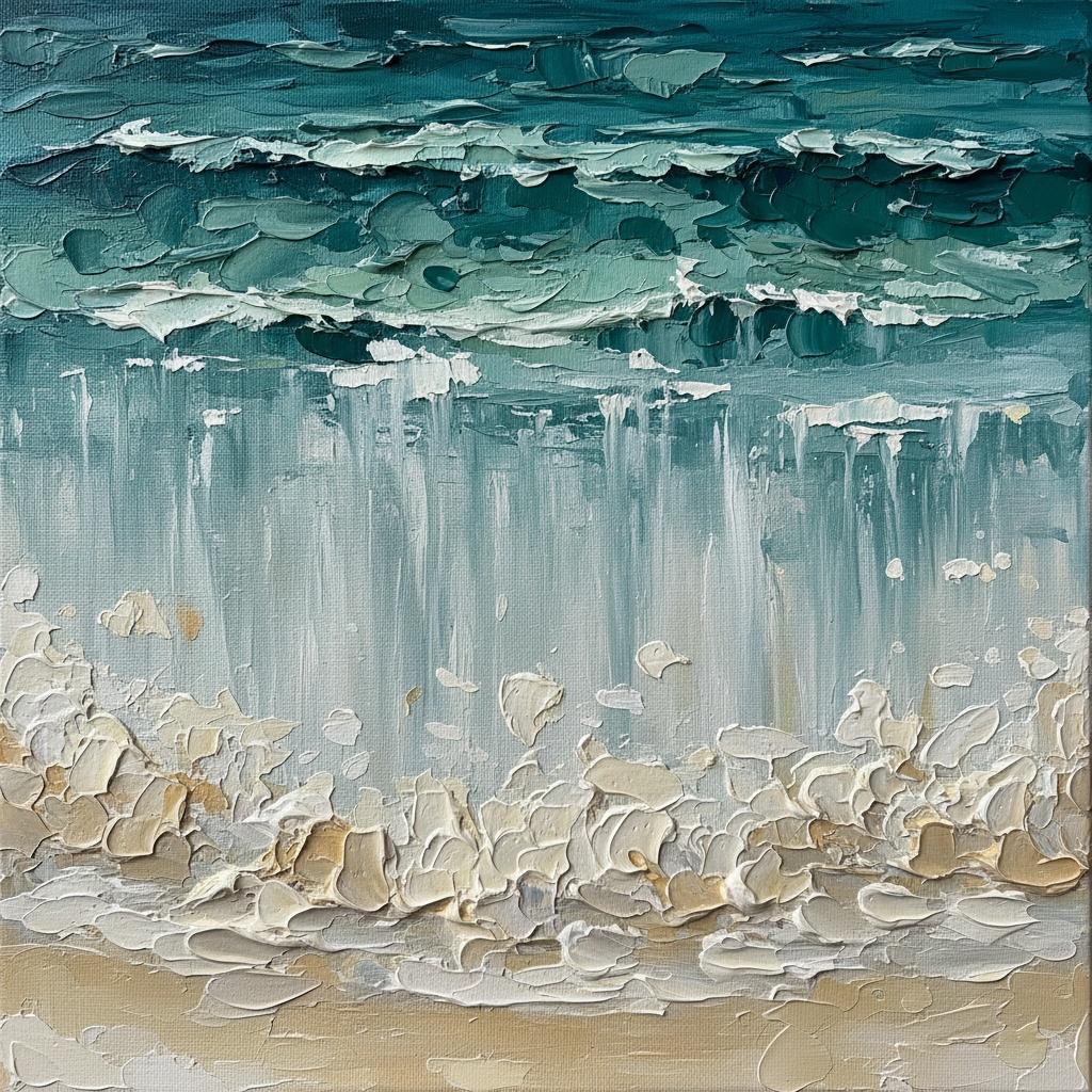 Ephemeral Tides Of Midnight Teal And Misted Shoreline In Heavy Impasto — David Moreau