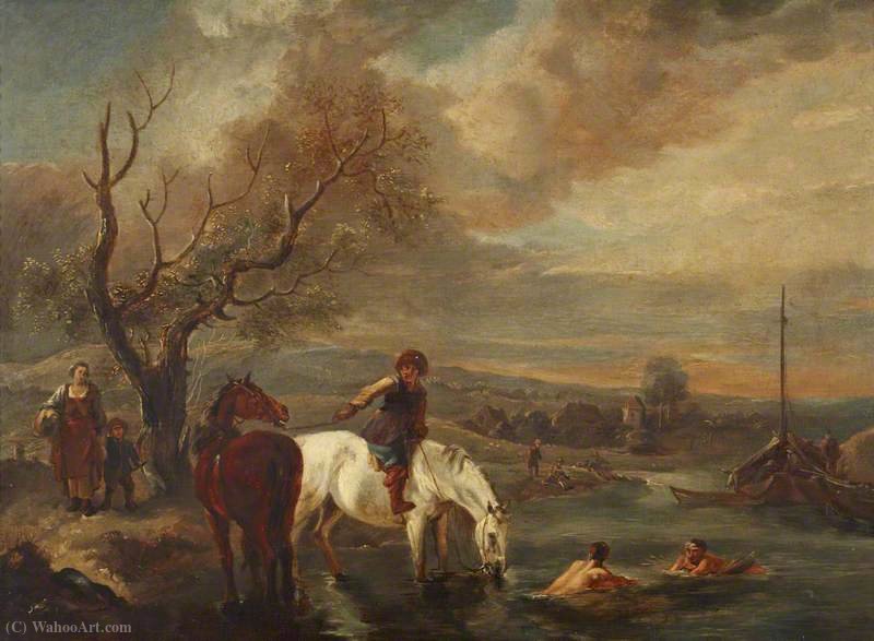 Country Scene With A Man On Horseback And Bathers — Pieter Wouwerman