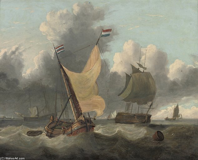 Warships And Dutch Barges In A Stiff Offshore Breeze — Charles Martin Powell