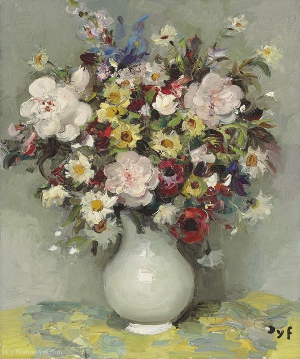 Roses, Anthemis, Daisies, Anemones, Blue Iris, Snapdragon In A Jug, (1960) — Marcel Dyf