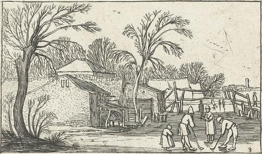 Flask Skaters And Players On The Ice In The Farmyards — Esaias Van De Velde