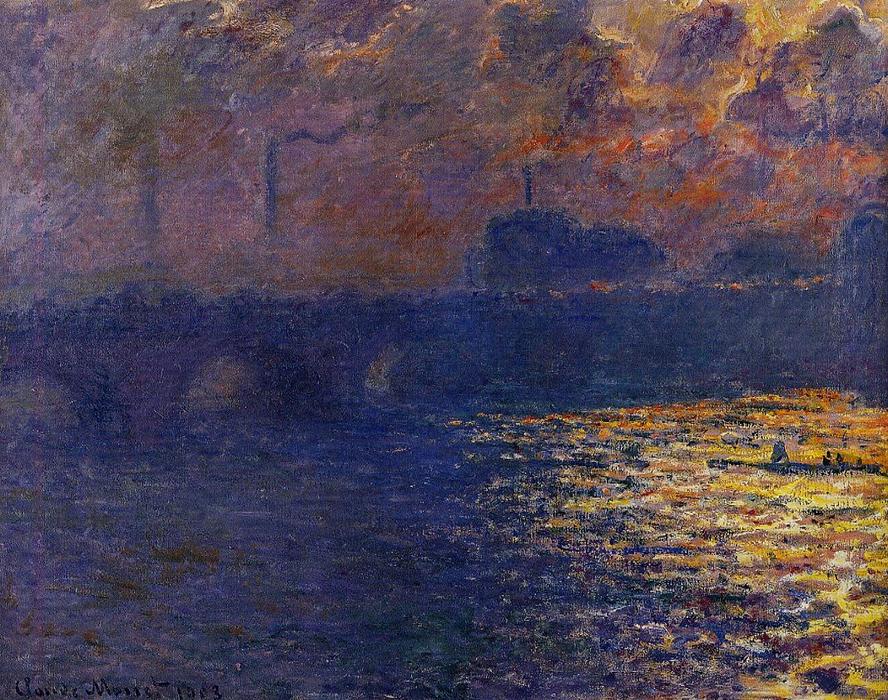 モンテーの『ウォーターロー・ブリッジ、サンライト・エフェクト』は、1899年に描かれた印象派の傑作です。ロンドンの美しさを捉えたこの作品は、光と色彩を表現することに重点を置いたモネの革新的なアプローチを示しています。この絵画は、テムズ川沿いのウォーターロー・ブリッジを捉え、そのアーチが霧や光の中で溶け込むように描かれています。モネは、正確な建築的詳細よりも、橋の印象を重視し、風景の中にその存在を表現しました。この作品は、モネのシリーズ作品の一部であり、同じ主題を異なる時間帯や天候の下で繰り返し描くことで、 — クロード・モネ