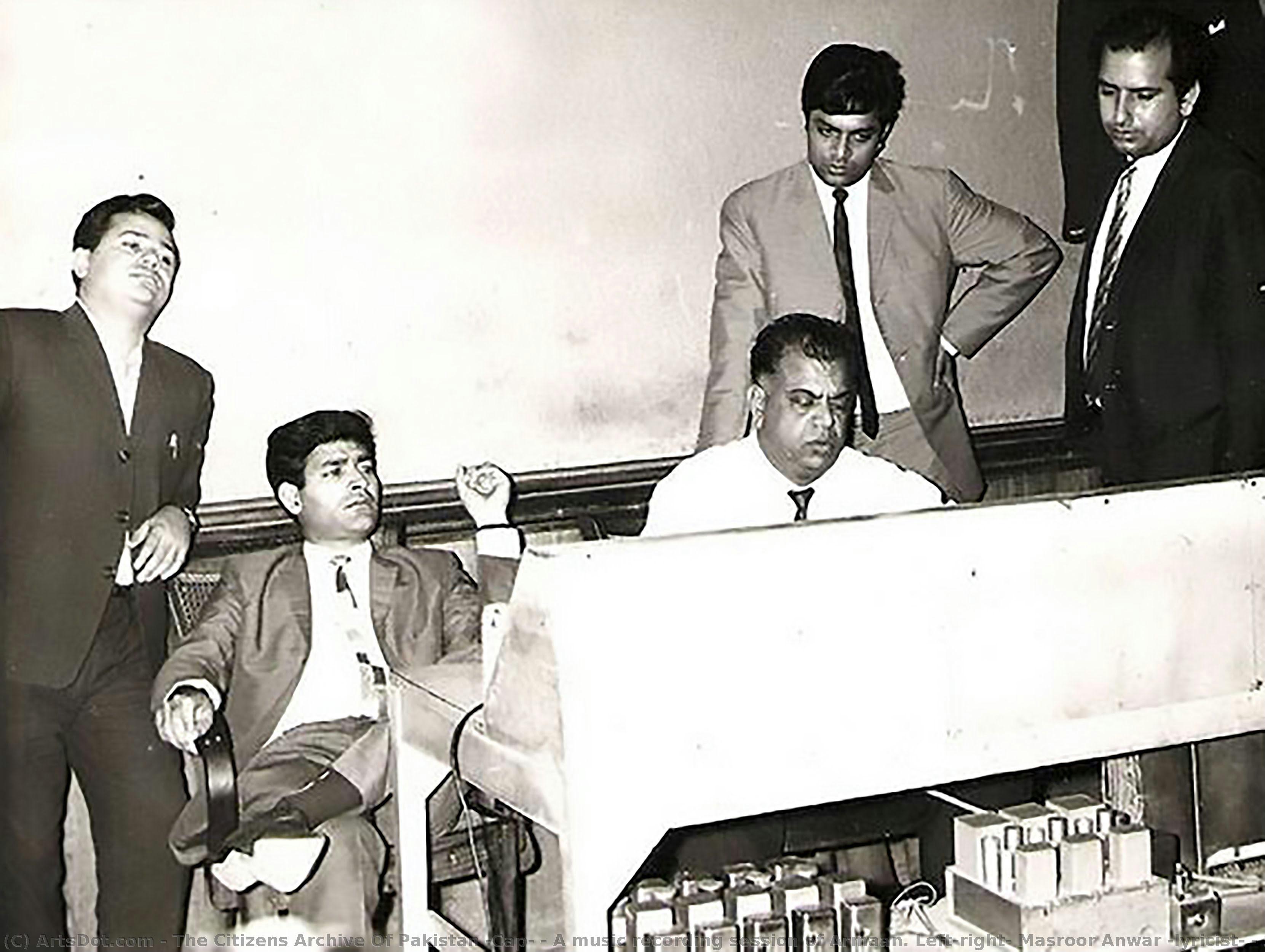 A Music Recording Session Of Armaan. Left-right: Masroor Anwar (lyricist) , Sohail Rana (composer), Murad (producer), Unknown Person, Pervez Malik (director) — The Citizens Archive Of Pakistan (cap)