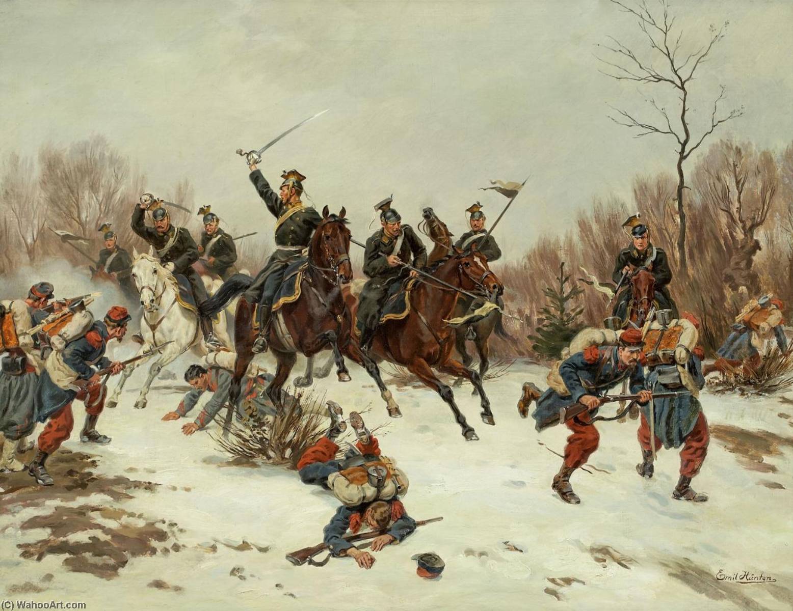 Gefecht Zwischen Reitern Eines Preussischen Ulanenregiments Und Französischen Infanteriesoldaten — Emil Hünten