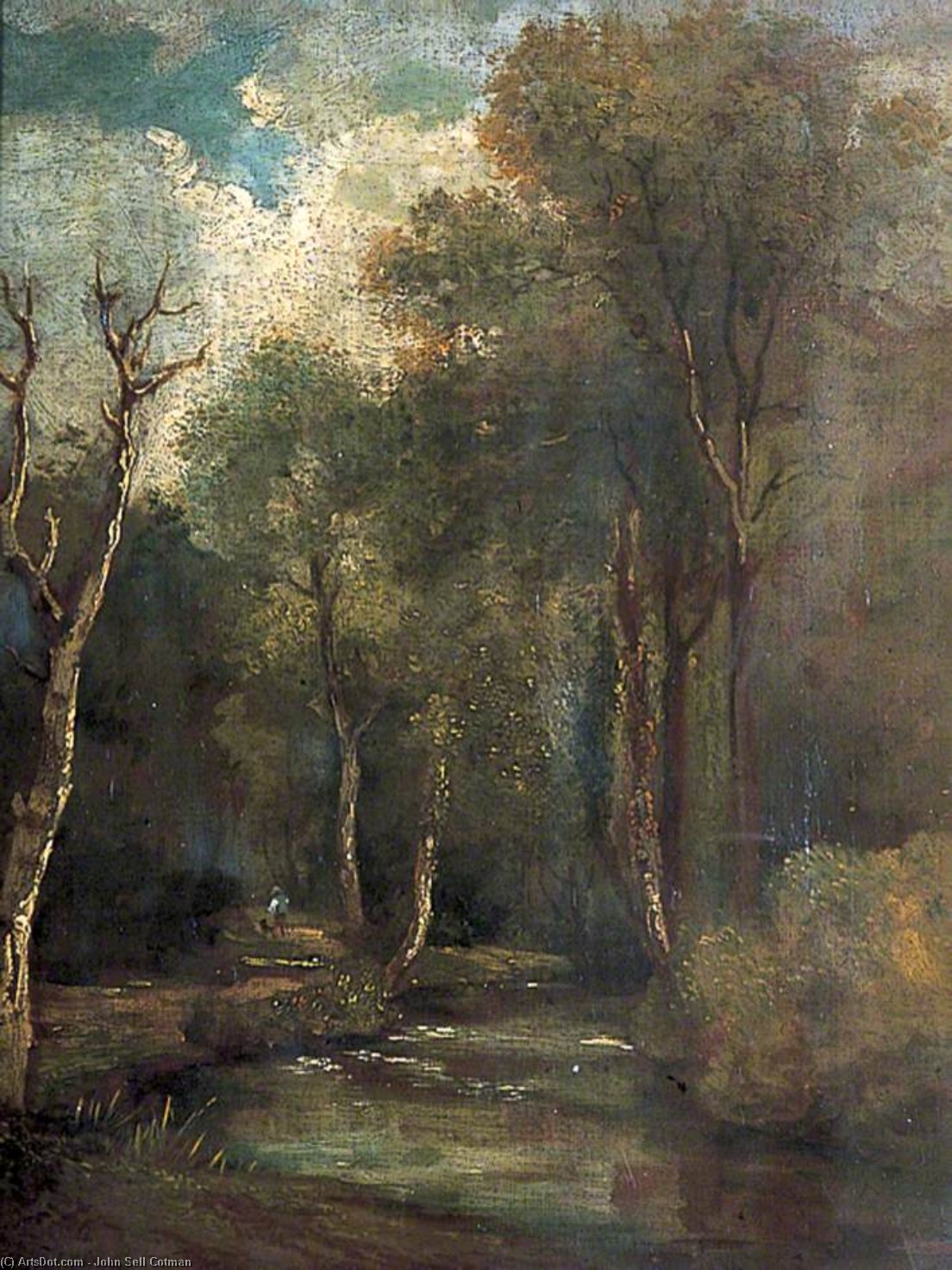 Woodland Scene With A Stream, A Man And A Dog — John Sell Cotman