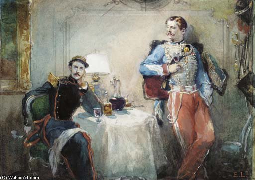 An Officer Sitting At A Table Near Hussard Standing Holding A Glass Of Wine — Eugene Louis Lami