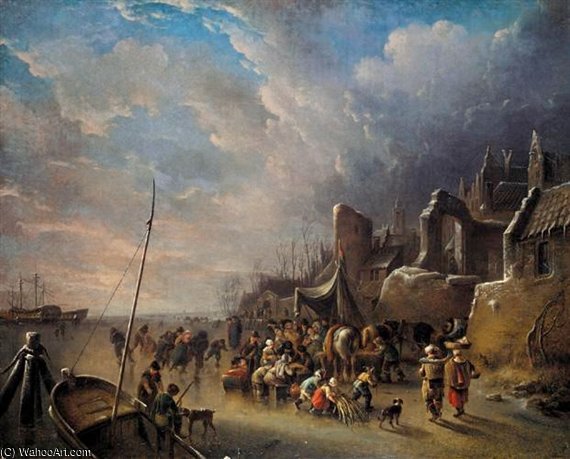 A Winter Landscape With Figures On A Frozen River Before A Town — Andries Vermeulen
