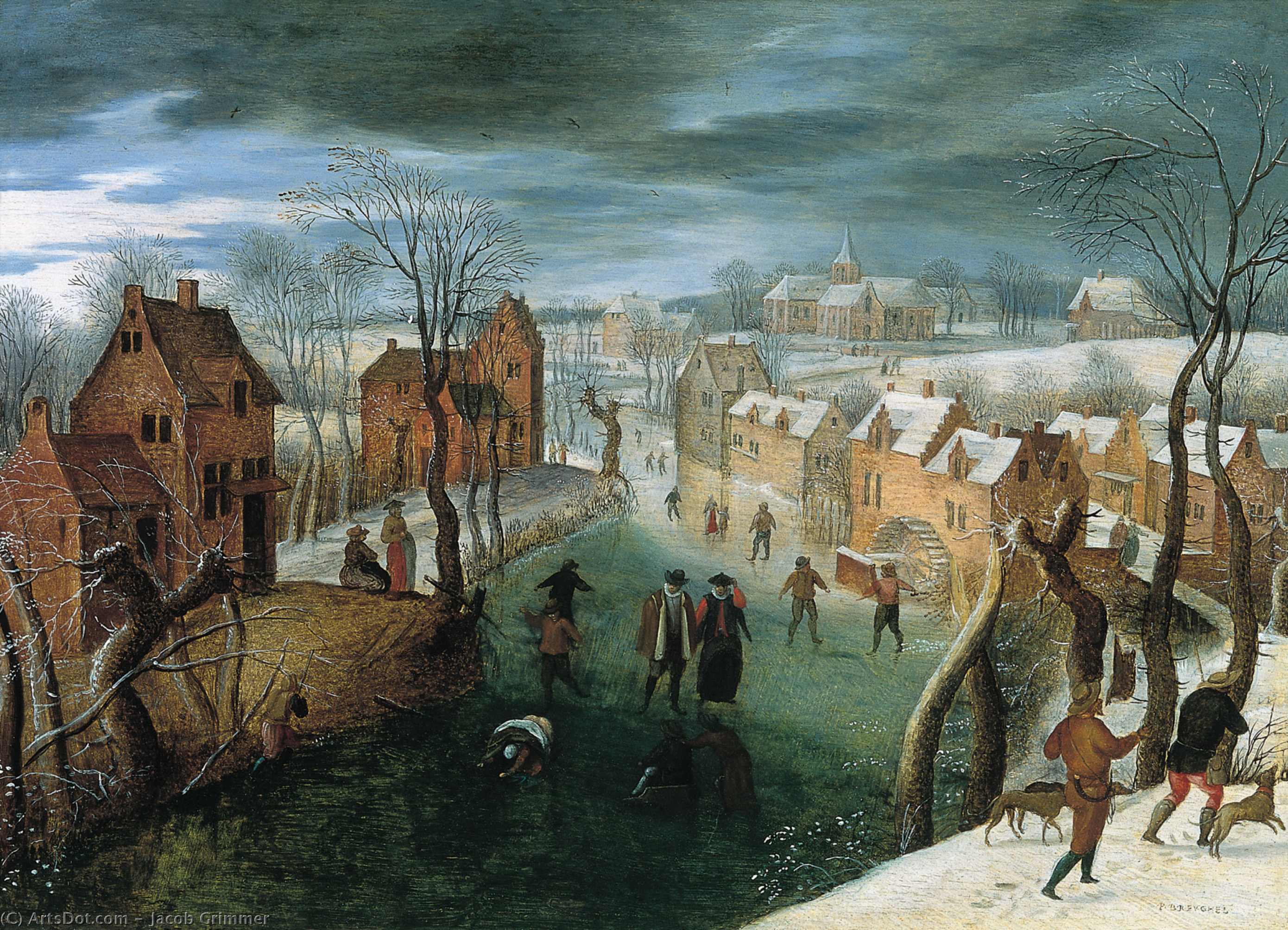 Winter Landscape With People Skating On A Frozen River And Hunters In The Foreground — Jacob Grimmer