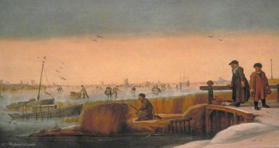Winter Landscape With Figures On A Bridge, A Hunter And Skaters — Arent Arentsz Cabel