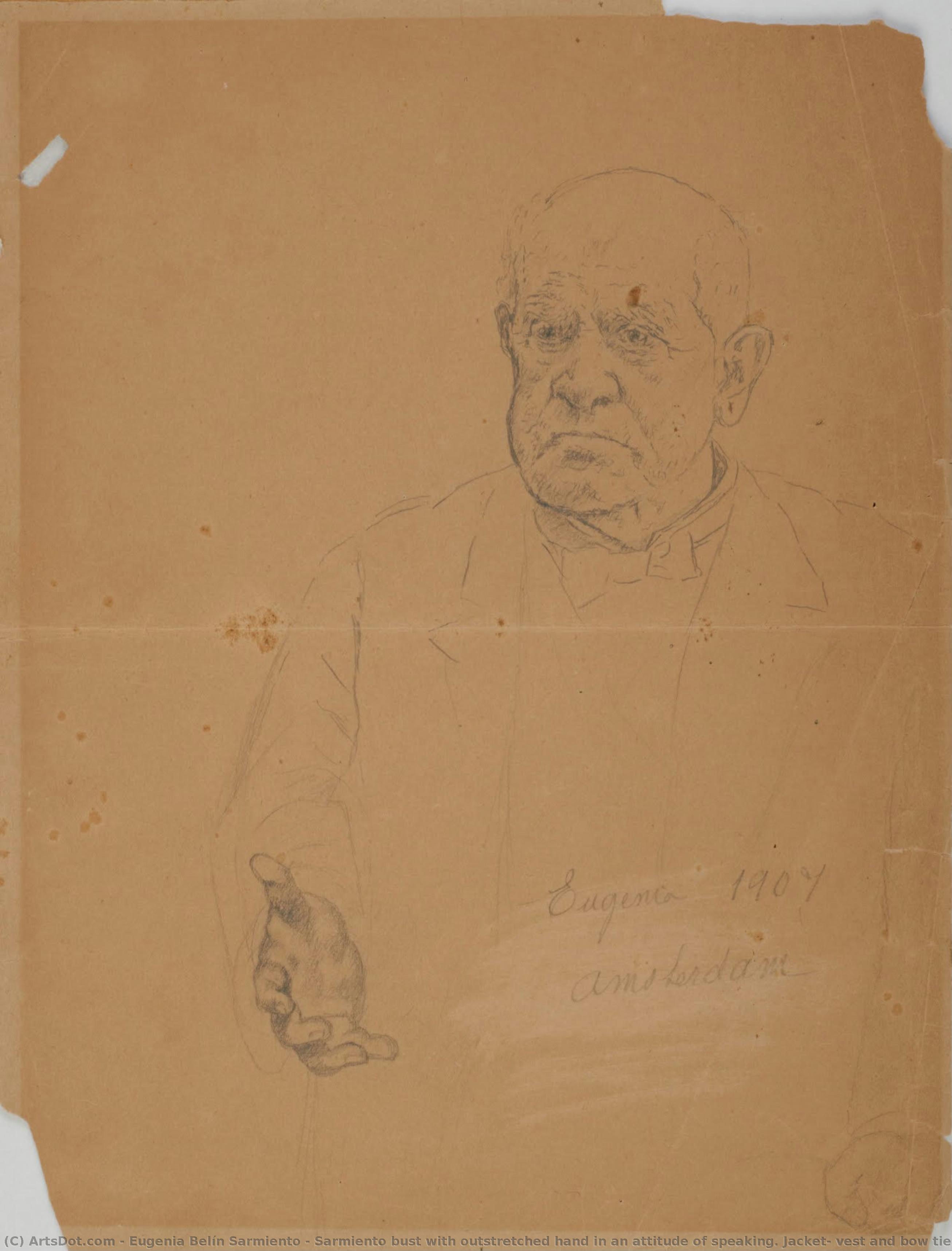 Sarmiento Bust With Outstretched Hand In An Attitude Of Speaking. Jacket, Vest And Bow Tie. Below Signature, Place And Date. The Hand Is The One Studied In R: 510. On The Reverse It Says: Picture Obtained By President Roque Saenz Peña For The Office .... — Eugenia Belín Sarmiento