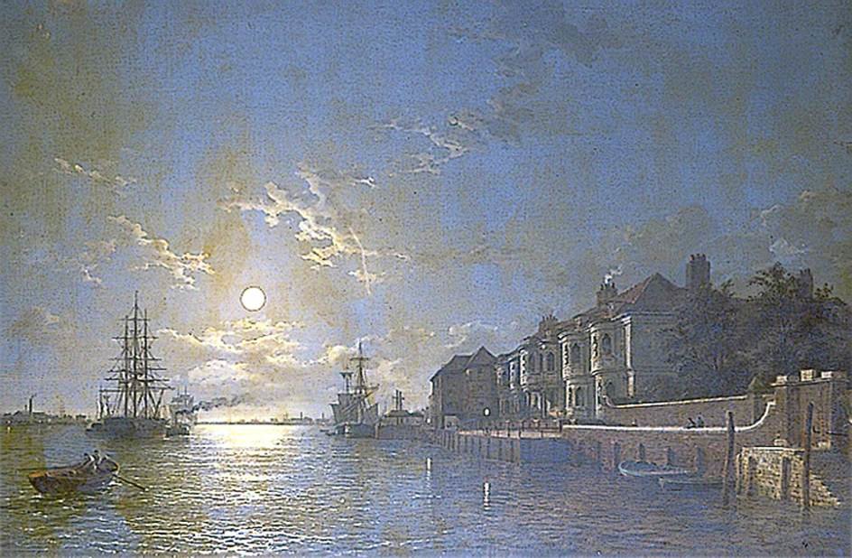 Off Tilbury, Essex, Shipping On The Thames In Moonlight — Henry Pether