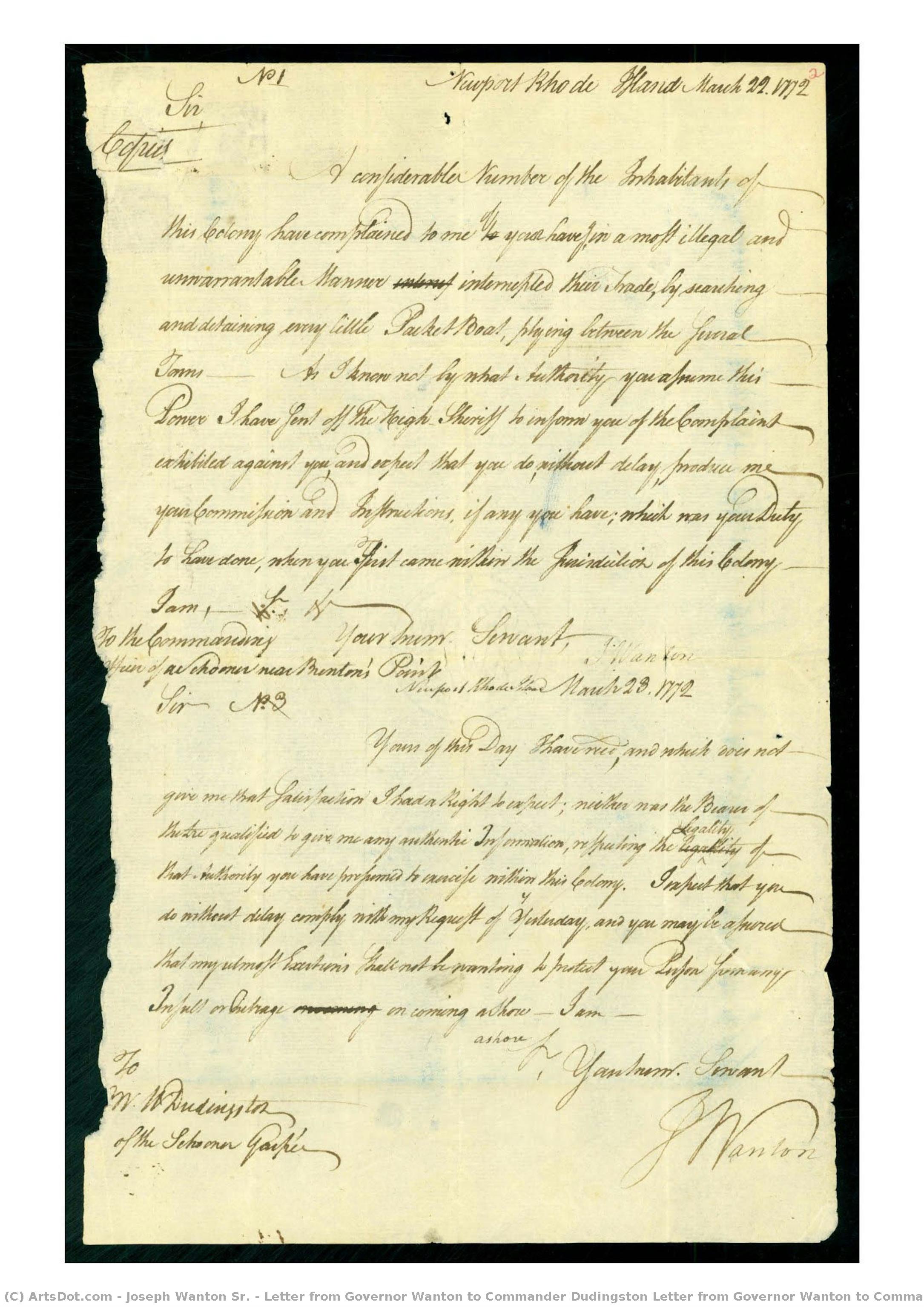 Letter From Governor Wanton To Commander Dudingston Letter From Governor Wanton To Commander Dudingston, Page 1 — Joseph Wanton Sr.