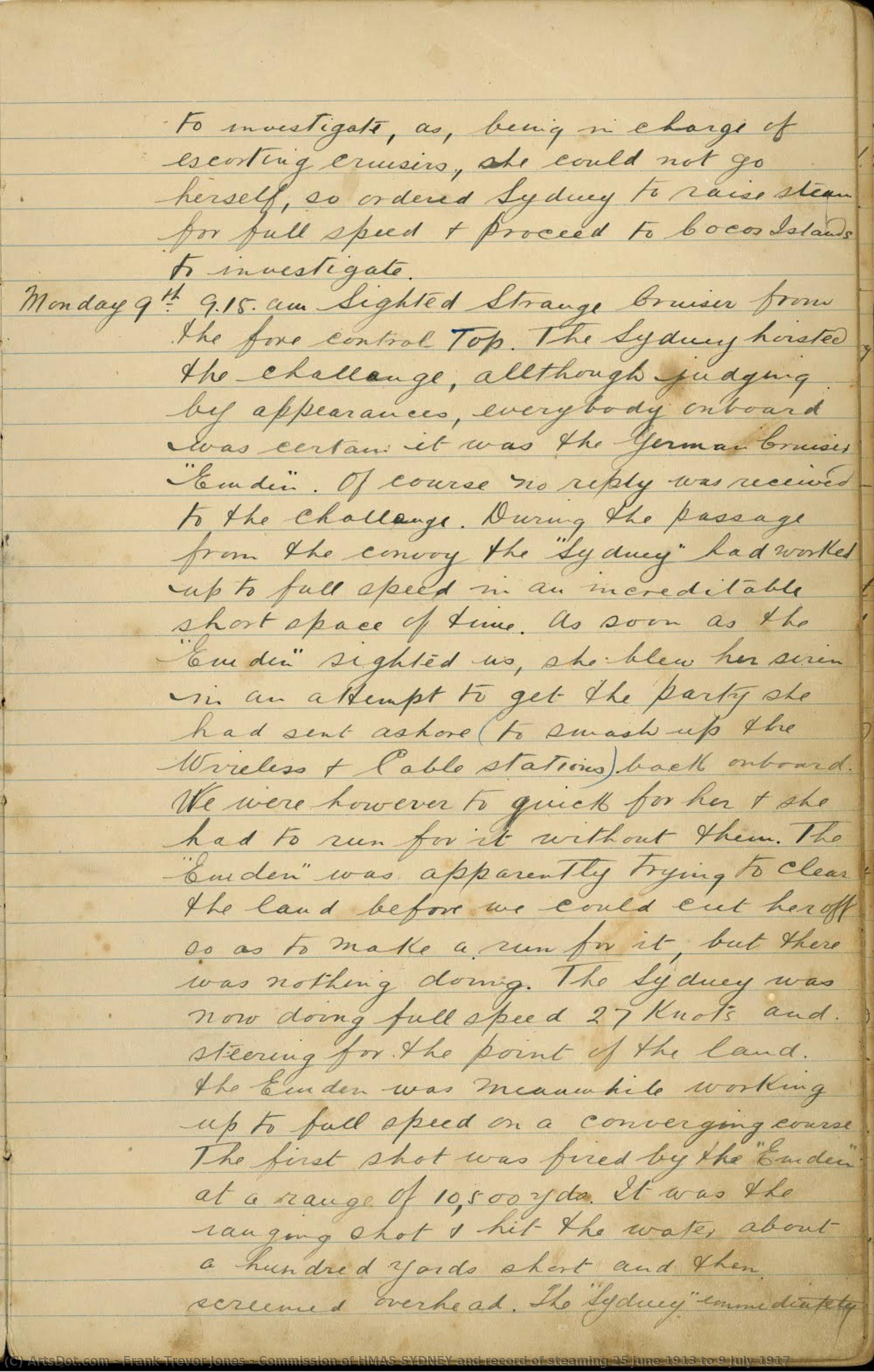 Commission Of Hmas Sydney And Record Of Steaming 25 June 1913 To 9 July 1917 — Frank Trevor Jones