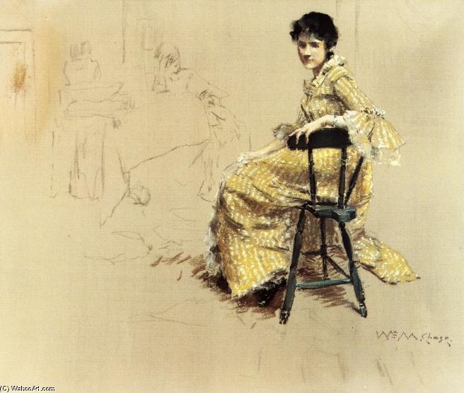 Seated Woman In Yello Striped Gown — William Merritt Chase