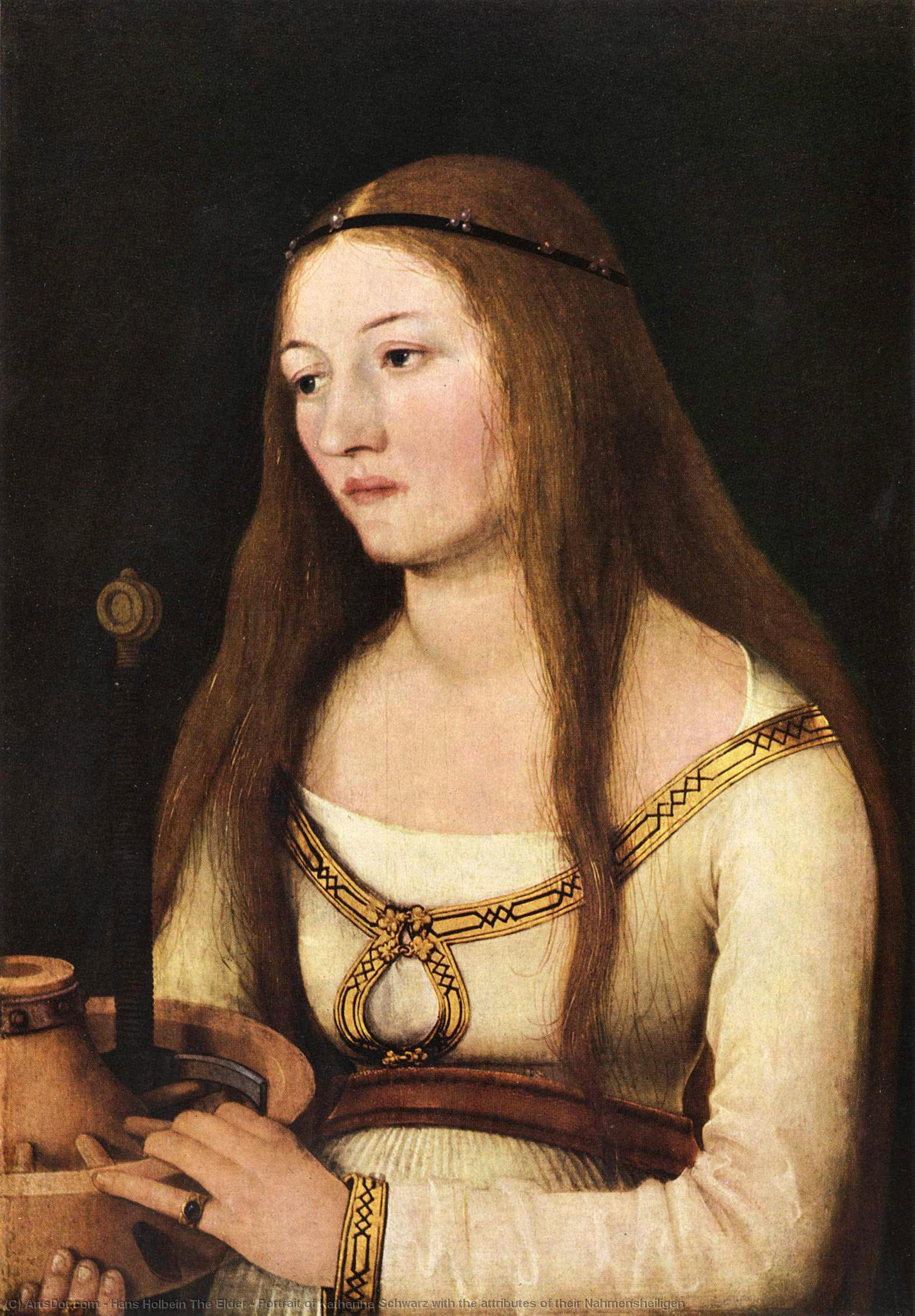 Portrait Of Katharina Schwarz With The Attributes Of Their Nahmensheiligen — Hans The Elder Holbein