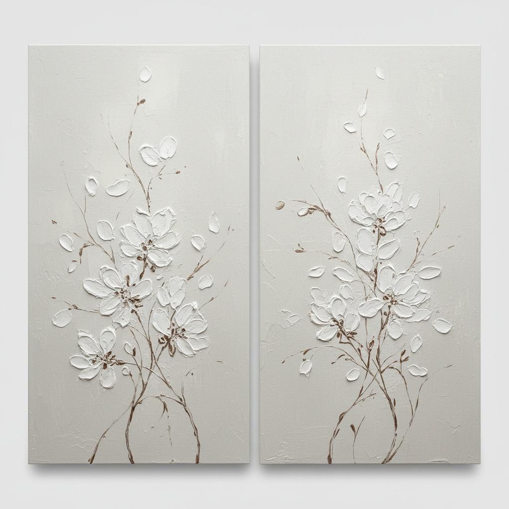 Ethereal Bloom In Relief: A Meditative Monochromatic Diptych Of Sculptural Grace — David Moreau