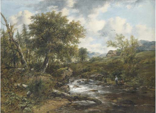 A Wooded River Landscape With Fishermen And Sheep On The Banks, A Cottage Beyond — Frederick Waters (william) Watts