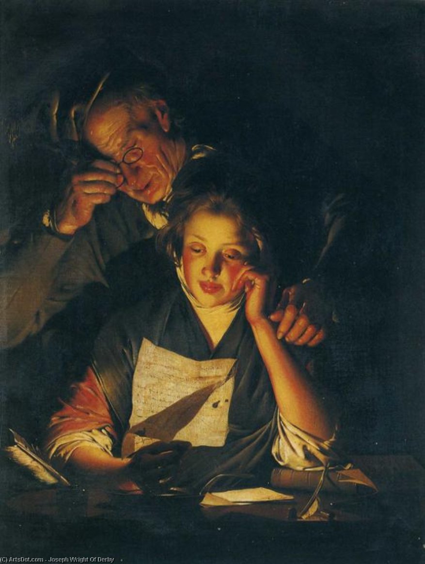 A Young Girl Reading A Letter, With An Old Man Reading Over Her Shoulder — Joseph Wright Of Derby