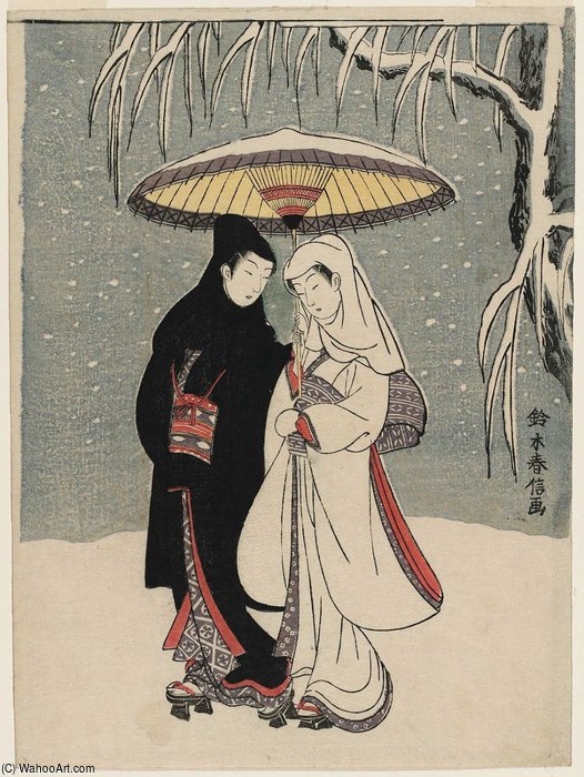Lovers Under An Umbrella In The Snow — Suzuki Harunobu