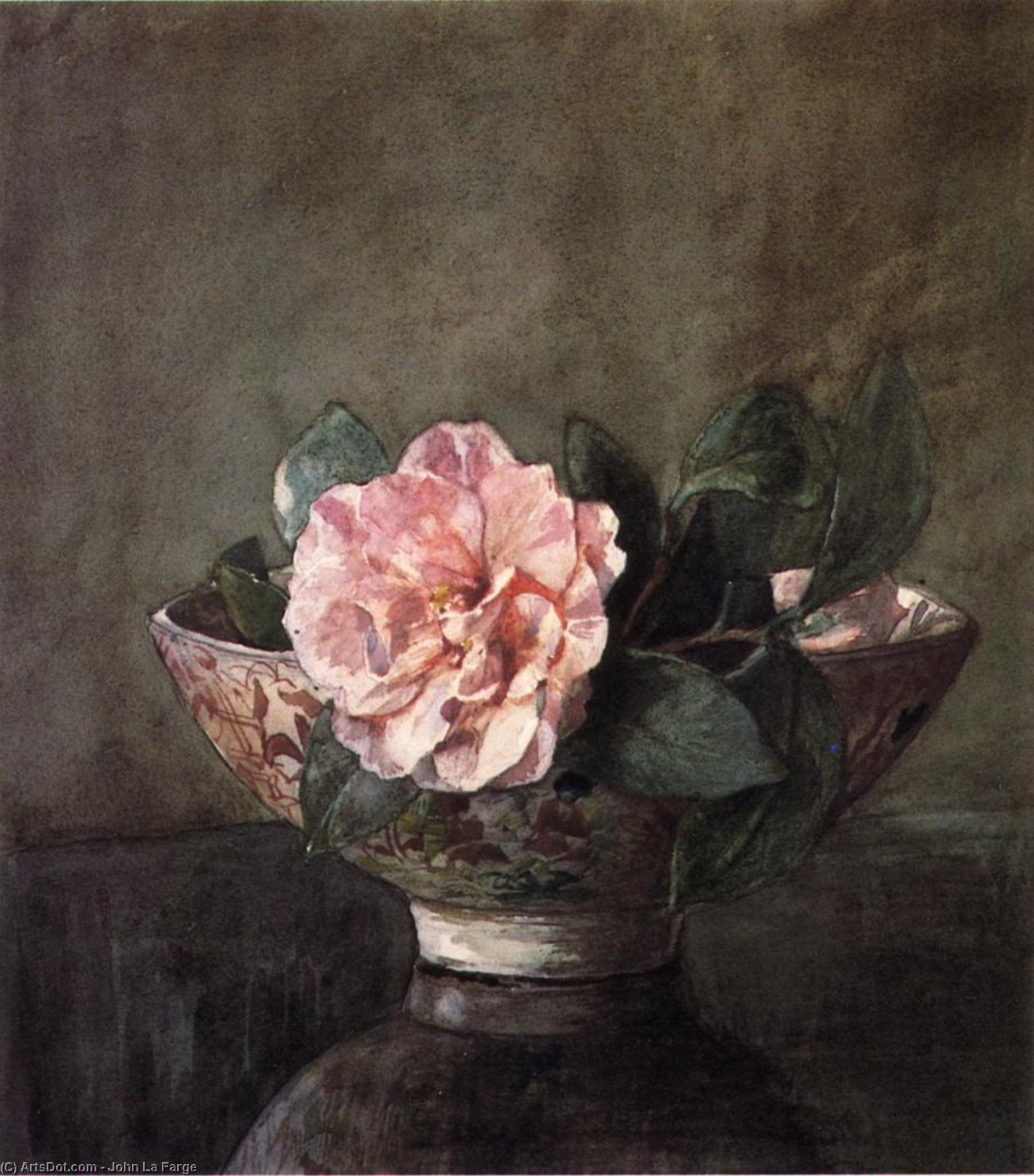 Camellia In Old Chinese Vase On Black Lacquer Table — John La Farge