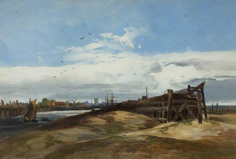 Seashore With Boat Building — George Hornblower Simms