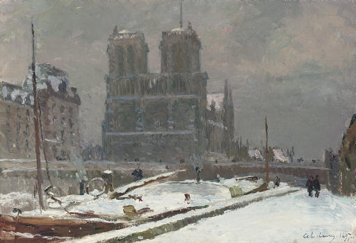 Notre-dame De Paris, Vue Prise Du Quai Saint-michel, En Hiver, Par Temps De Neige — Albert-charles Lebourg