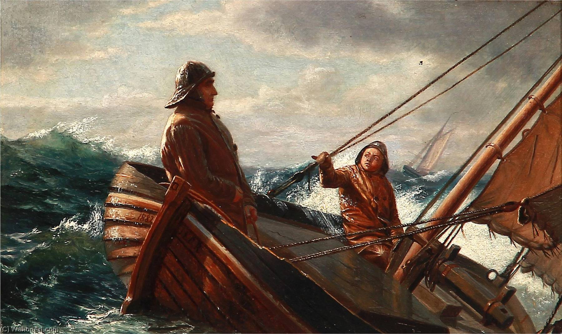 Seascape With Two Fishermen In A Boat In Big Waves — Jens Erik Carl Rasmussen