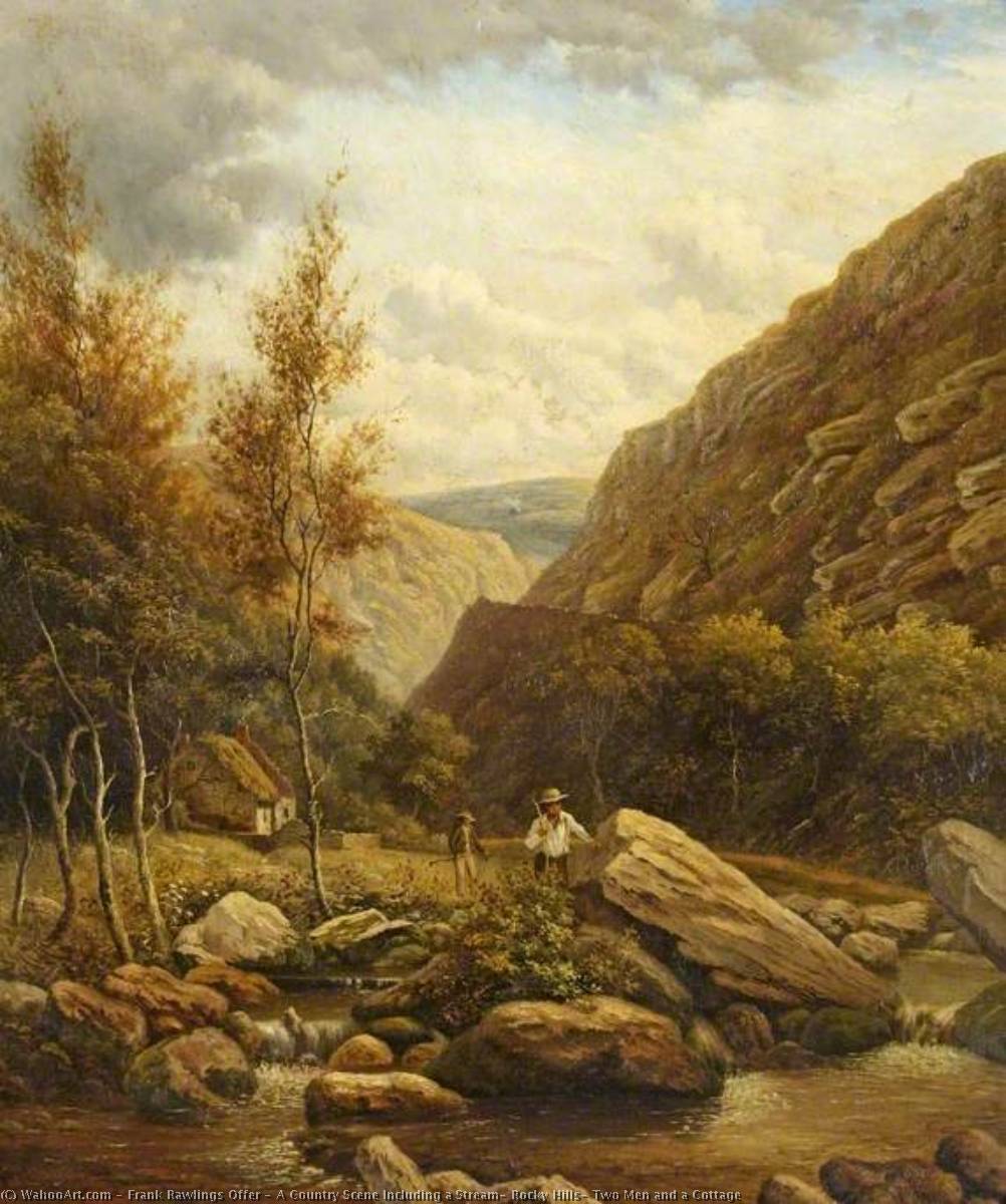 A Country Scene Including A Stream, Rocky Hills, Two Men And A Cottage — Frank Rawlings Offer